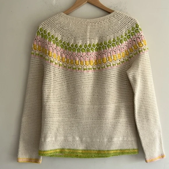 Cream Multi Color Crochet Cotton Crew Neck Sweater Women's Size LG - Picture 8 of 11